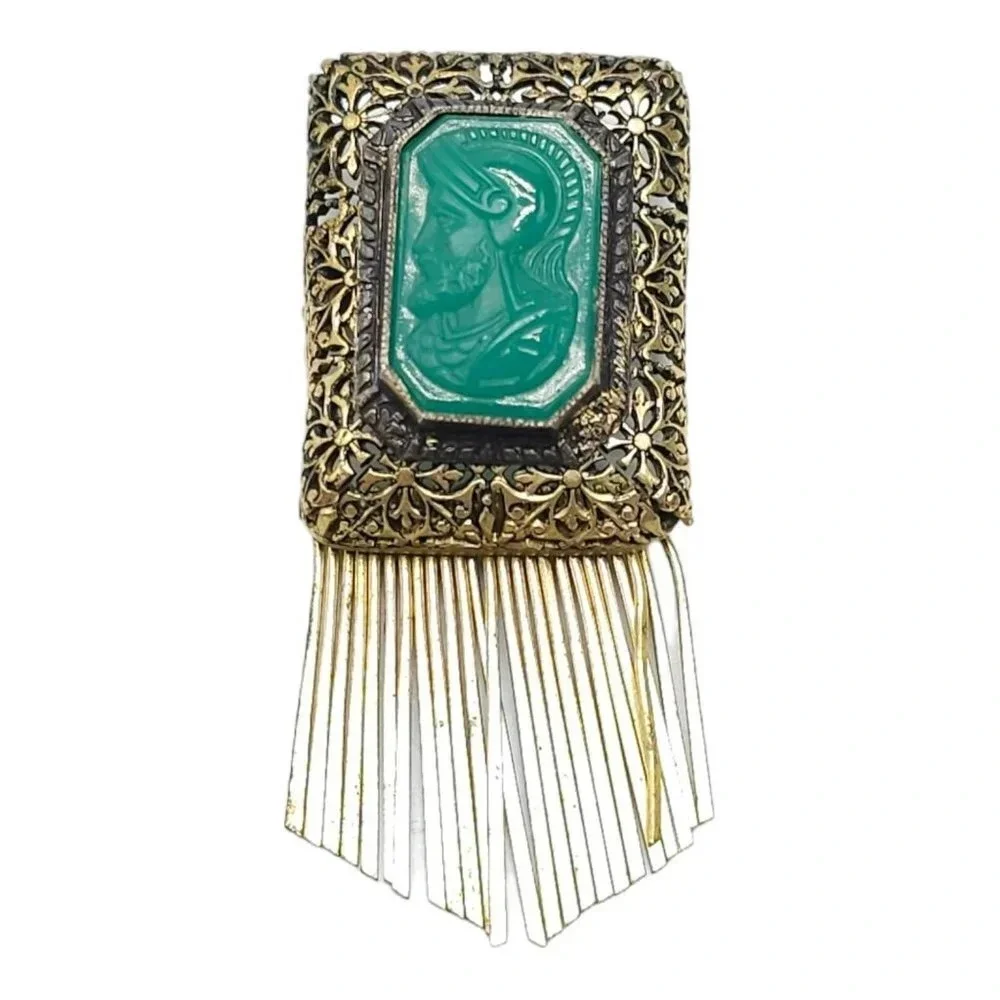 Green Glass Roman Soldier Art Deco Carved Fringe Brooch Pin Gold Tone Vintage